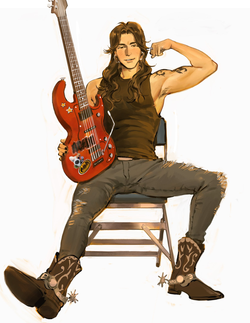 1boy, ac/dc, animal_sticker, arm_tattoo, armpit_hair, armpits, aston_(kunnuscumnus), batman_symbol