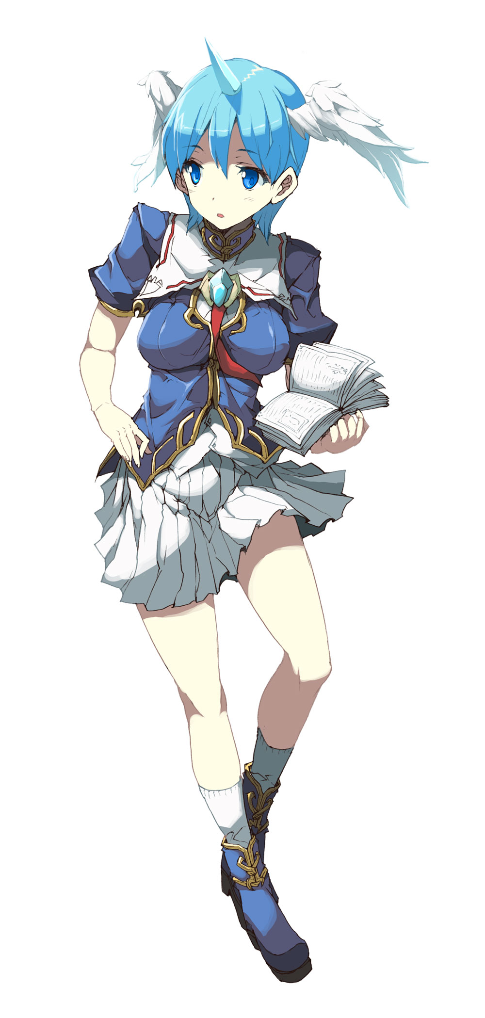 book, erect_sawaru, head_wings, highres, horn, pandra, school_uniform, short_hair, skirt, yuniko_wingdohose