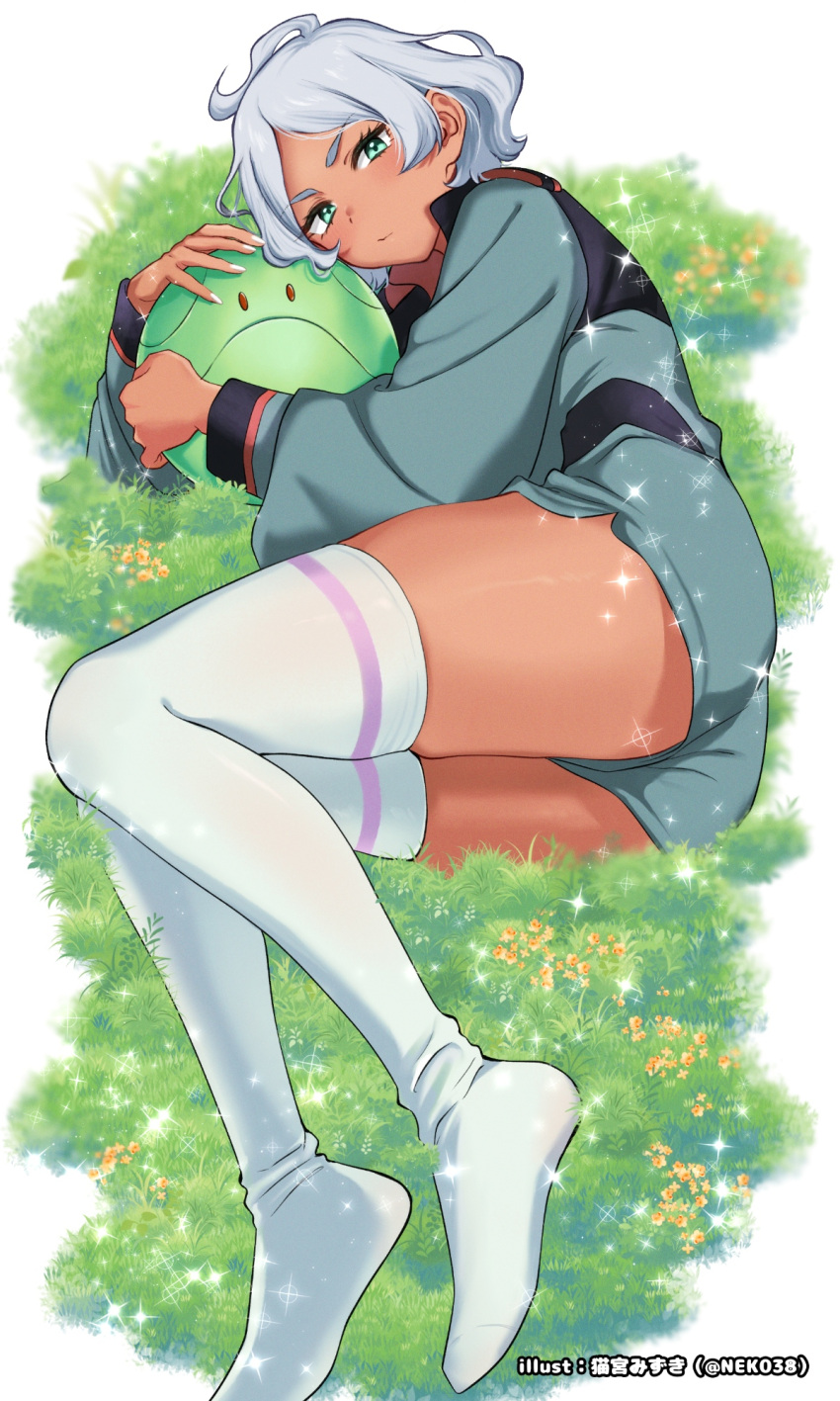 asticassia_school_uniform, blush, dark-skinned_female, dark_skin, field, flower, fluffy_hair, grass