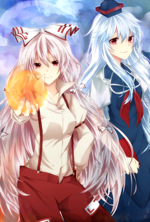 bad_id, blue_hair, bow, dress, dress_shirt, fire, fujiwara_no_mokou, hair_bow, hat, kamishirasawa_keine, long_hair, multiple_girls, outstretched_arm, red_eyes, sekiji_miko, shirt, silver_hair, suspenders, touhou, very_long_hair, white_legwear, yuutera_miko