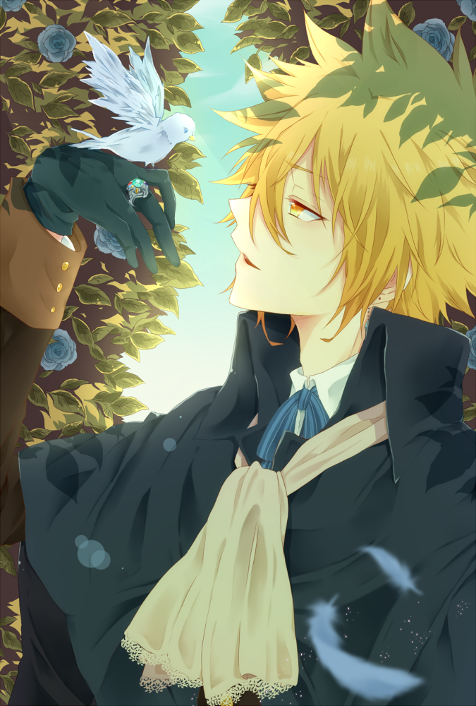 ascot, bird, blonde_hair, earrings, feather, flower, gloves, jewelry