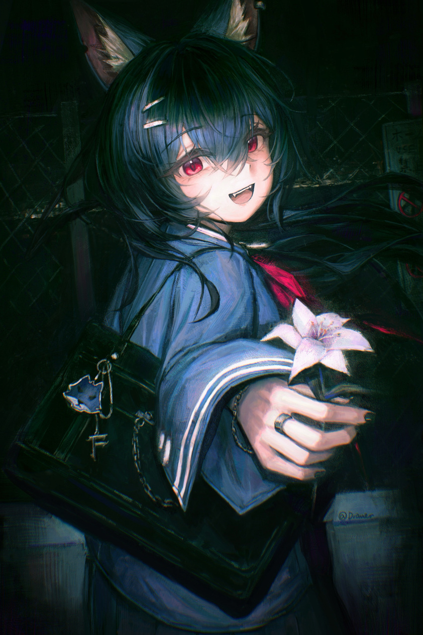 1girl, absurdres, animal_ear_fluff, animal_ears, bag, bag_charm, black_nails, bracelet, chain-link_fence, charm_(object), chinese_commentary, commentary_request, drawer_bushi_huajia, fence, flower, hair_between_eyes, hair_ornament, hairclip, highres, holding, holding_flower, jewelry, lily_(flower), long_hair, looking_at_viewer, nail_polish, neckerchief, night, no_symbol, open_mouth, original, red_eyes, red_neckerchief, ring, shoulder_bag, solo, upper_body, white_flower