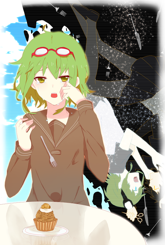 blue_eyes, brown_eyes, clouds, crying, cupcake, dual_persona, fork, goggles