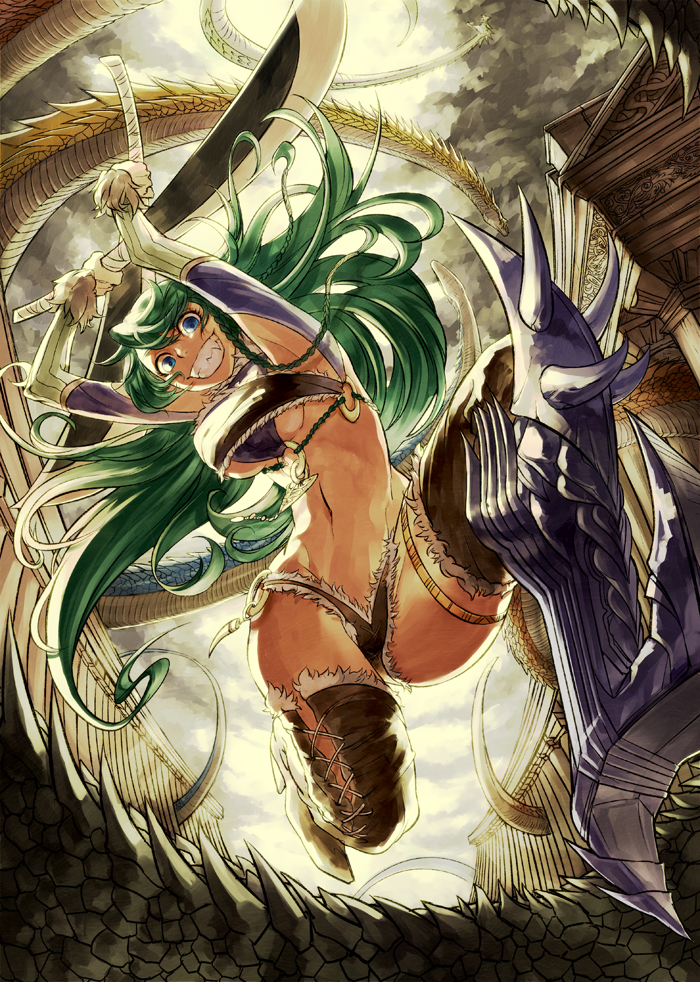 boots, box_sentou_shoujo, breasts, deba, dragon, dual_wielding, from_below, green_hair