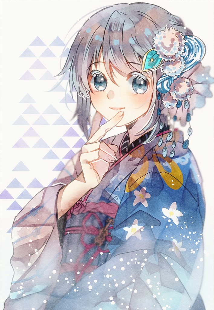 1girl, blue_eyes, blue_gemstone, blue_hair, blue_kimono, blue_sash, bow, colored_eyelashes