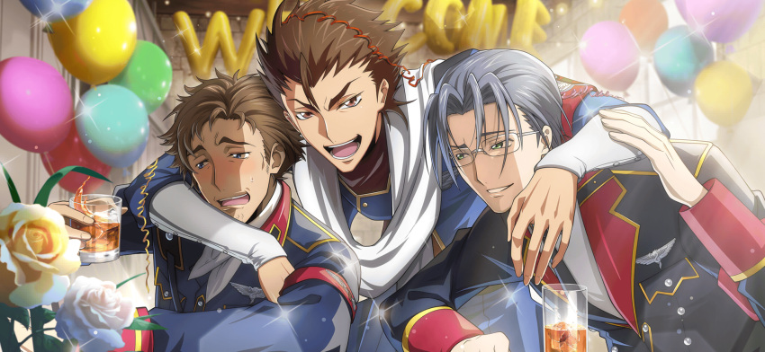 3boys, balloon, blue_eyes, brown_eyes, brown_hair, claus_warwick, code_geass, code_geass:_boukoku_no_akito, code_geass:_lost_stories, drink, f4samurai, game_cg, green_eyes, grey_hair, highres, male_focus, multiple_boys, official_art, open_mouth, oscar_hamel, sayama_ryou, teeth