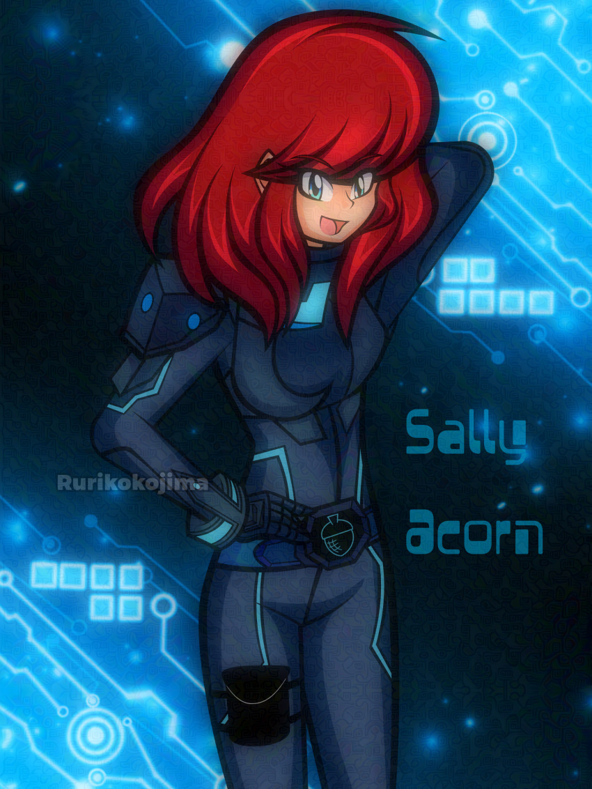 battlesuit, bodysuit, gloves, hand_on_hip, humanization, jumpsuit, open_mouth, red_hair, sally_acorn, smirk, sonic_(series), sonic_archie, standing