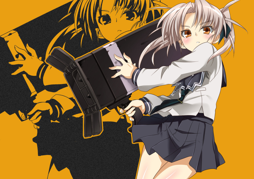 blush, brown_eyes, daiakuji, gun, mtu, necktie, ponytail, school_uniform