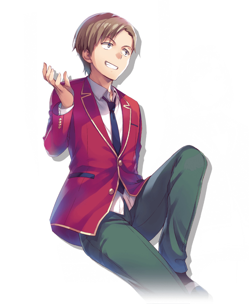 1boy, advanced_nurturing_high_school_uniform, black_necktie, blazer, brown_hair, collared_shirt, green_pants, grin, hand_up, highres, ike_kanji, jacket, knee_up, long_sleeves, male_focus, necktie, official_art, pants, red_jacket, school_uniform, shirt, short_hair, simple_background, smile, solo, transparent_background, white_shirt, youkoso_jitsuryoku_shijou_shugi_no_kyoushitsu_e