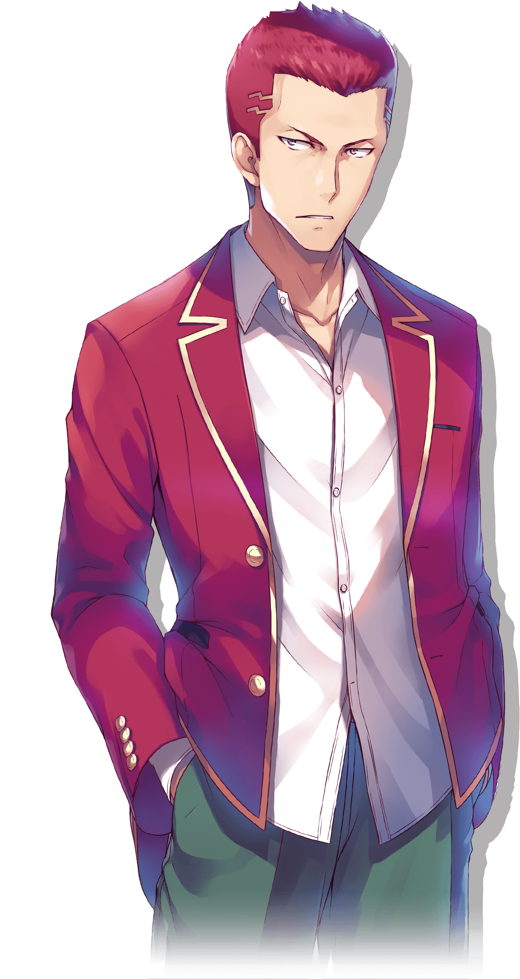 1boy, advanced_nurturing_high_school_uniform, blazer, collared_shirt, green_pants, hands_in_pockets, highres, jacket