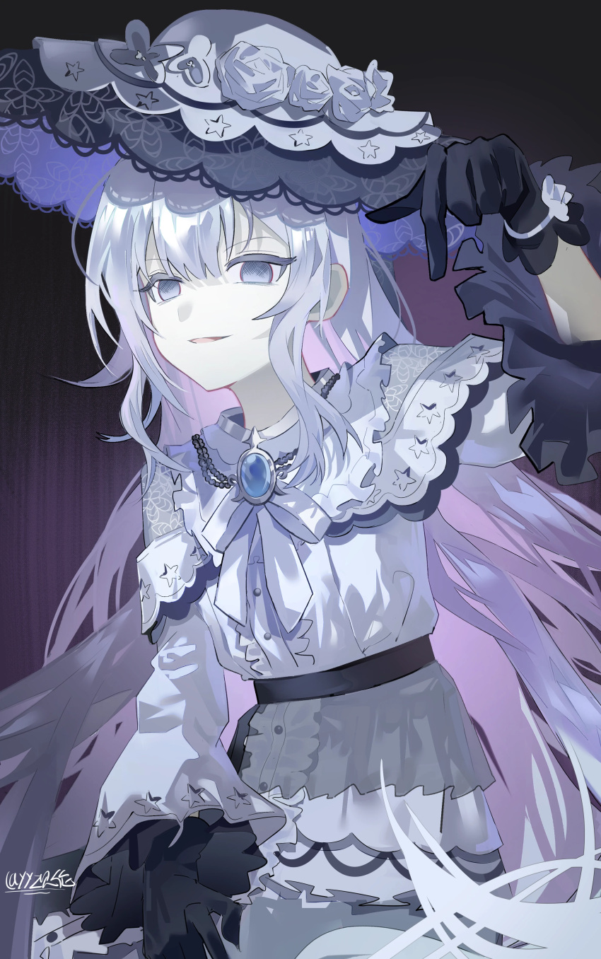 1girl, absurdres, black_gloves, blue_eyes, cowboy_shot, dress, empty_eyes, flower