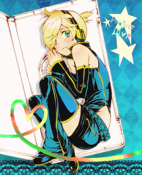 1boy, androgynous, aqua_eyes, blonde_hair, detached_sleeves, hair_over_one_eye, headphones, in_container