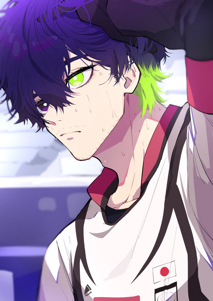 1boy, absurdres, adam's_apple, blue_hair, blue_lock, bright_pupils, closed_mouth, commentary_request