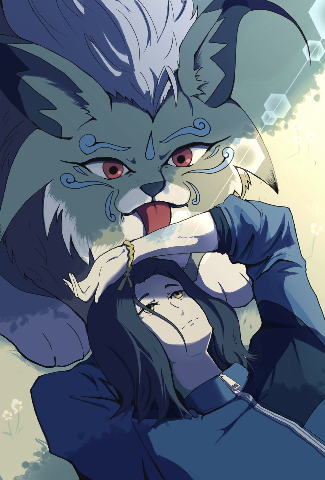 1boy, black_hair, blue_jacket, cougarmon, digimon, digimon_(creature), digimon_beatbreak, highres