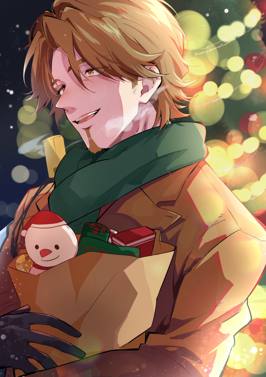 1boy, absurdres, black_gloves, brown_coat, brown_eyes, brown_hair, christmas, coat