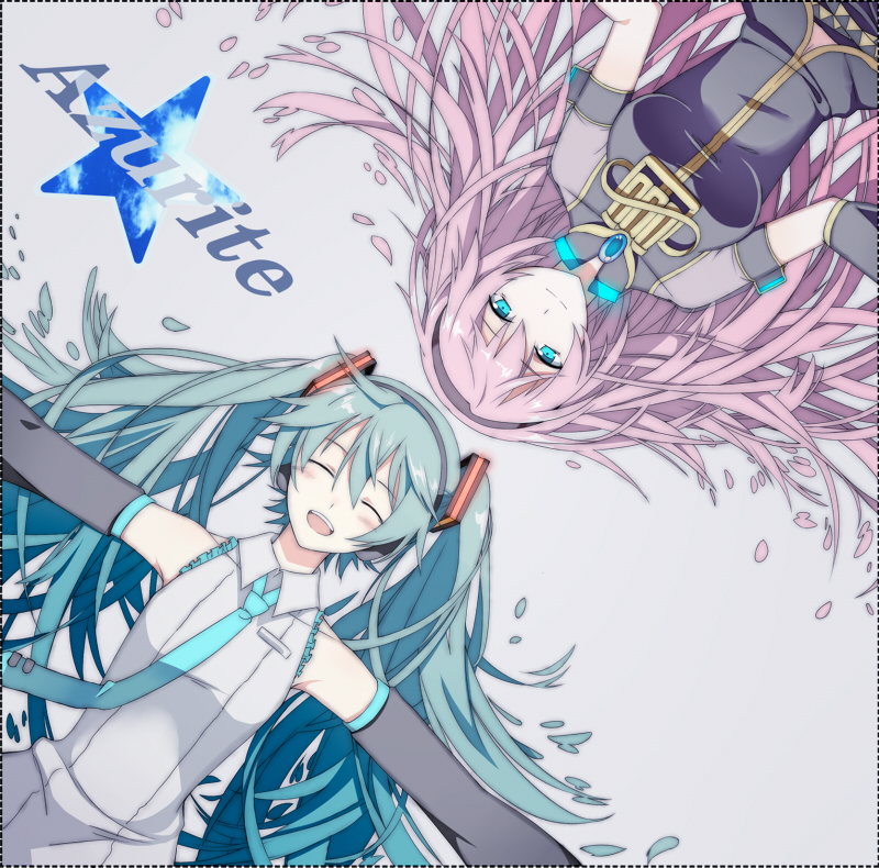 aqua_eyes, aqua_hair, detached_sleeves, hatsune_miku, long_hair, megurine_luka, multiple_girls, necktie