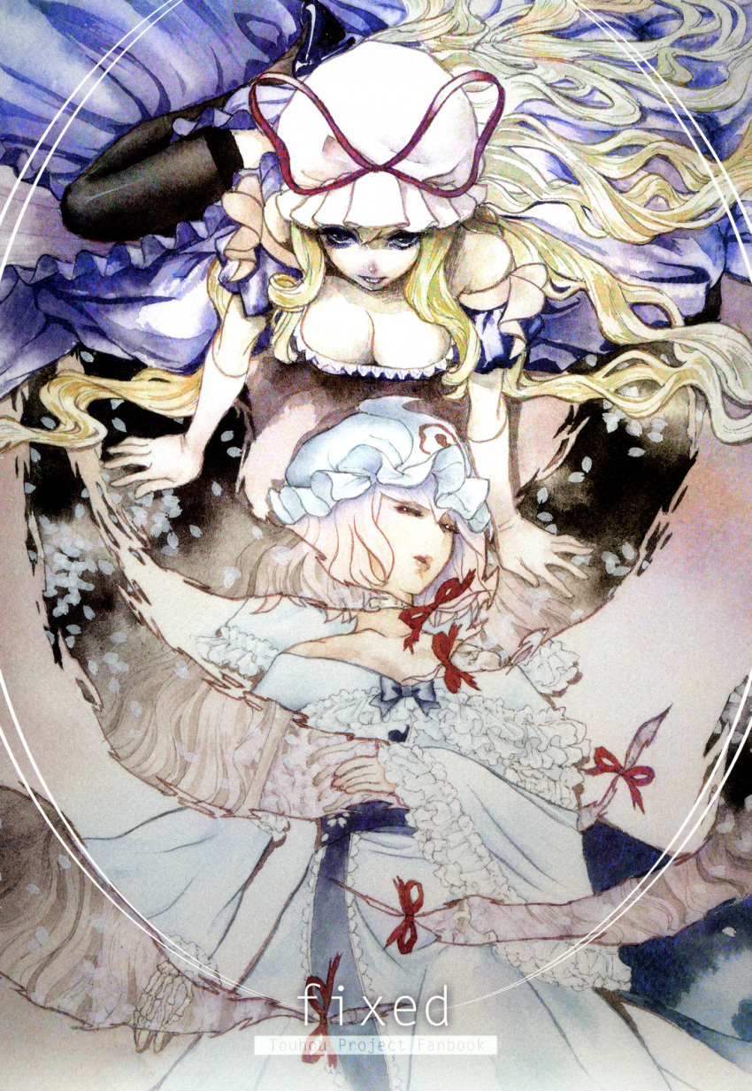 bare_shoulders, blonde_hair, bonnet, breasts, cleavage, cover, cover_page, doujin_cover