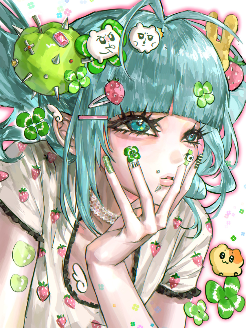 1girl, absurdres, aegyo_sal, angel_wings_hair_ornament, antenna_hair, apple, aqua_hair, black_trim