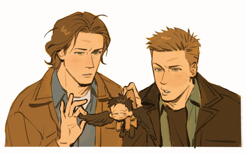 3boys, angel_wings, beard_stubble, black_wings, blonde_hair, blue_eyes, blue_shirt, border