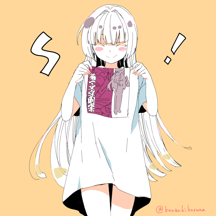 absurdres, blunt_bangs, blush, highres, kanzaki_karuna, kiku_ichimonji_norimune, lifting_own_clothes, long_hair