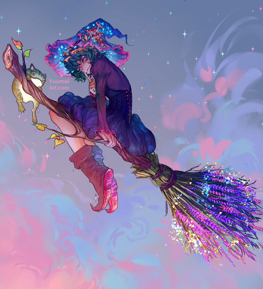 bodice, bow, branch, broom, broom_riding, clouds, cocoro_magical, commentary
