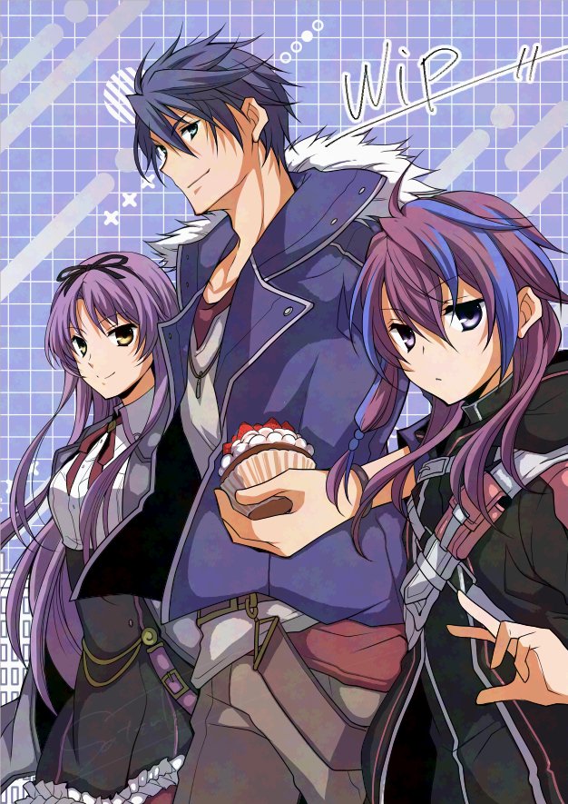 1boy, 2girls, black_ribbon, blue_coat, coat, cupcake, dog_tags, eiyuu_densetsu