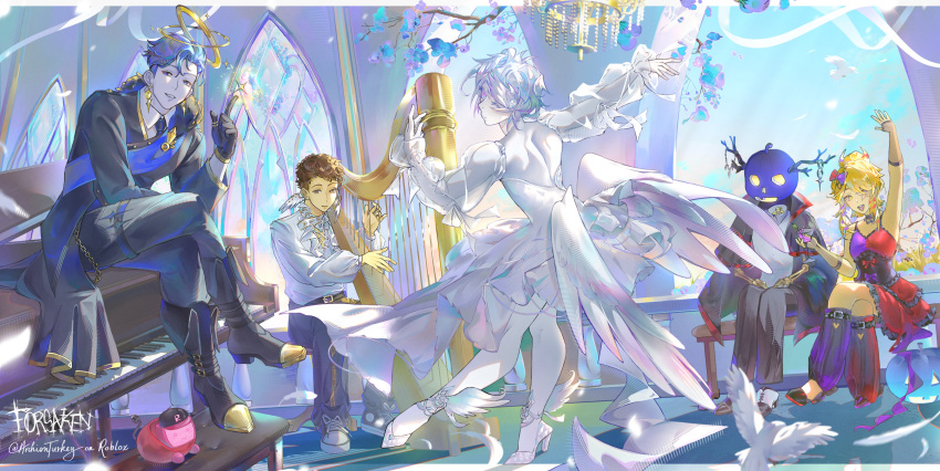 1girl, 1other, 3boys, absurdres, alternate_costume, antlers, arched_window, archionturkey, arm_up, belt, bench, bird, black_jacket, blonde_hair, blouse, blue_hair, blue_sash, boots, brown_hair, chandelier, character_request, check_character, crossed_legs, dancing, day, detached_sleeves, dove, dress, dutch_angle, elliot_(roblox), everyone, forsaken_(roblox), full_body, grand_piano, grin, guest_1337_(roblox), hair_bun, halo, hand_up, hands_on_lap, harp, highres, horns, instrument, jacket, layered_dress, leg_warmers, letterboxed, looking_at_viewer, matt_dusek, multiple_boys, music, object_head, outside_border, outstretched_arm, piano, playing_instrument, pumpkin_head, roblox, sash, scenery, shedletsky_(roblox), shirt, shirt_tucked_in, short_hair, sitting, sitting_on_piano, smile, stained_glass, streamers, tile_floor, tiles, tree, two_time_(forsaken), white_dress, white_hair, white_shirt, window