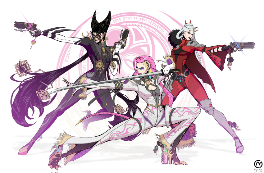 3girls, aiming, ankle_gun, bayonetta, bayonetta_(series), bayonetta_3, black_bodysuit, black_hair