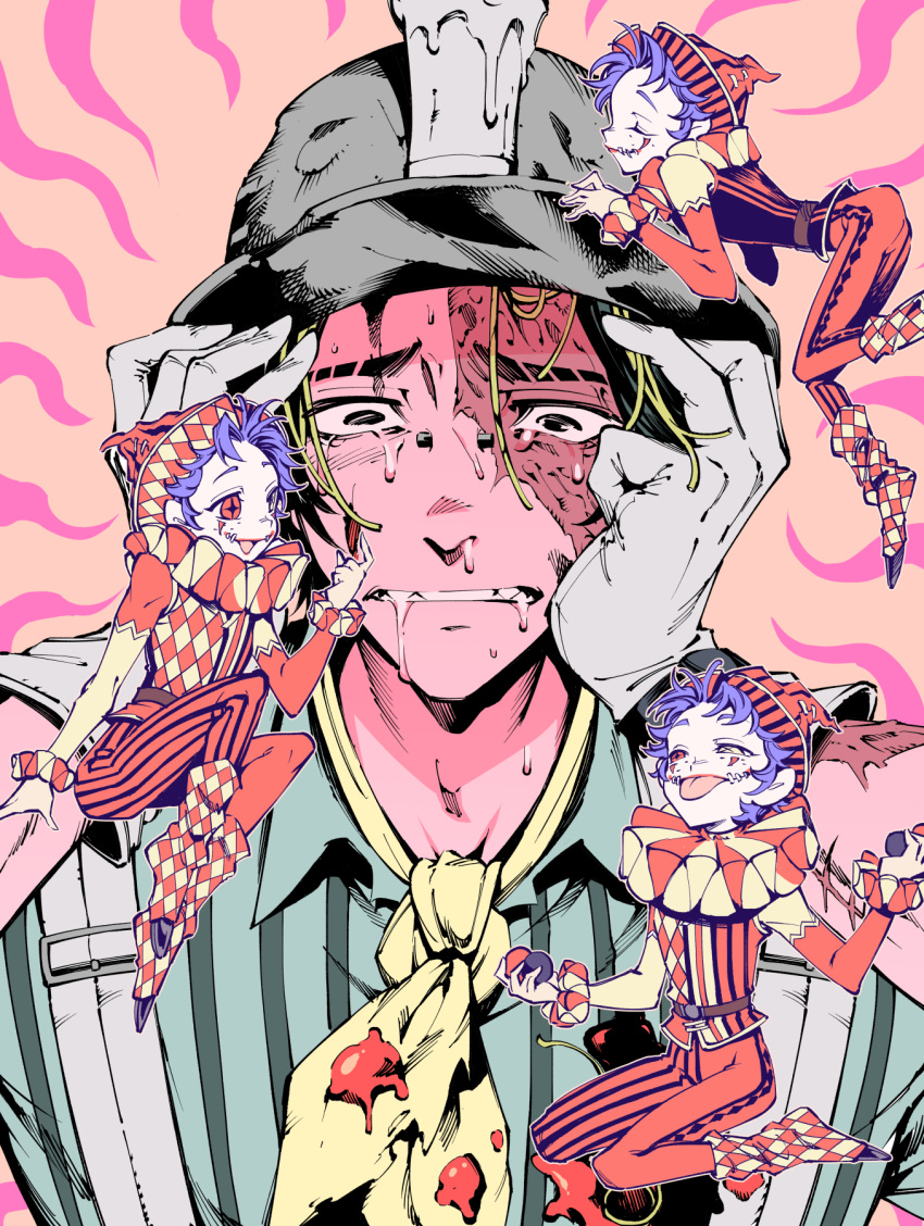 4boys, :p, ascot, black_eyes, blonde_streaks, blue_hair, bridge_piercing, candle