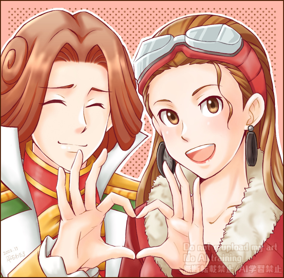 1boy, 1girl, ace_attorney, brown_eyes, brown_hair, coat, commentary_request, couple, desiree_delite, epaulettes, goggles, goggles_on_head, heart, heart_hands, heart_hands_duo, hiraishi_wataru, long_hair, long_sleeves, looking_at_viewer, open_mouth, phoenix_wright:_ace_attorney_-_trials_and_tribulations, pink_background, red_coat, ron_delite, short_hair, smile, upper_body