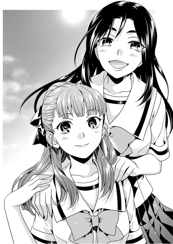 2girls, :d, aged_down, alternate_hairstyle, blunt_bangs, blush, bow, breasts