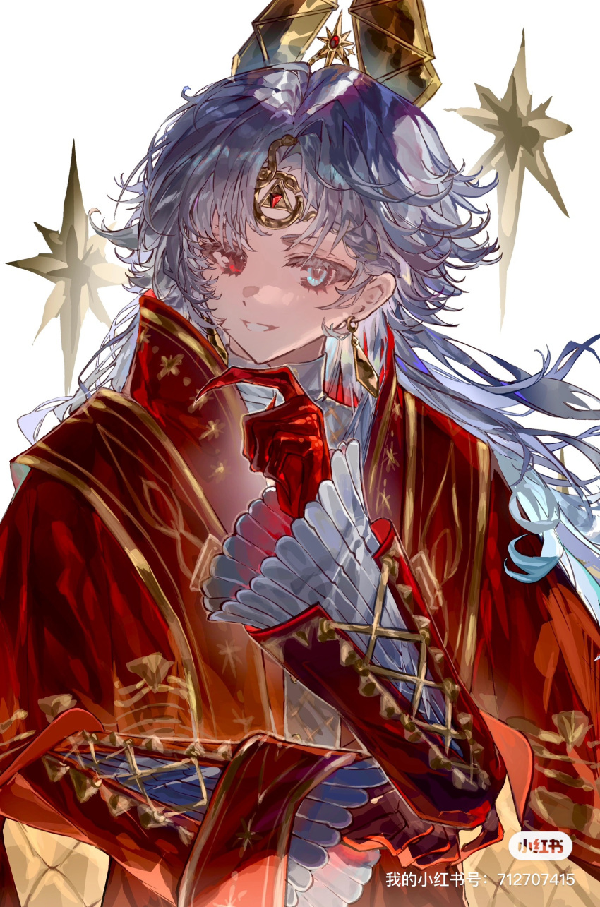 1boy, absurdres, earrings, eyelashes, finger_to_own_chin, floating_hair, forehead_jewel, gloves
