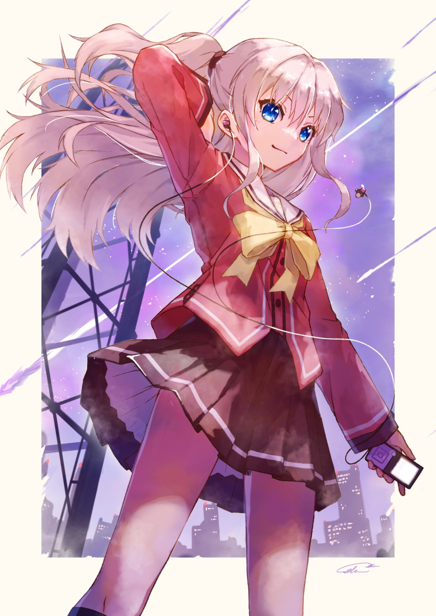 1girl, arm_behind_head, blue_eyes, border, bow, bowtie, brown_skirt, charlotte_(anime), cityscape, closed_mouth, digital_media_player, dutch_angle, earphones, earphones, feet_out_of_frame, floating_hair, from_side, grey_hair, half_updo, highres, holding_digital_media_player, hoshinoumi_academy_school_uniform, kneehighs, long_sleeves, miniskirt, night, outdoors, outside_border, pleated_skirt, red_shirt, sailor_collar, school_uniform, serafuku, shirt, signature, single_earphone_removed, skirt, socks, solo, standing, thighs, tomori_nao, transmission_tower, upskirt, usubatubame, white_border