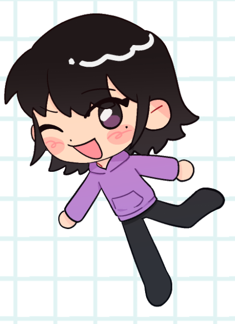 1girl, ;d, black_hair, blush, bob_cut, chibi, chibi_only, dokjasepilogue, full_body, han_sooyoung, hood, hood_down, hoodie, looking_at_viewer, male_focus, mole, mole_under_eye, omniscient_reader's_viewpoint, one_eye_closed, outstretched_arms, purple_hoodie, short_hair, smile, solo, standing, standing_on_one_leg