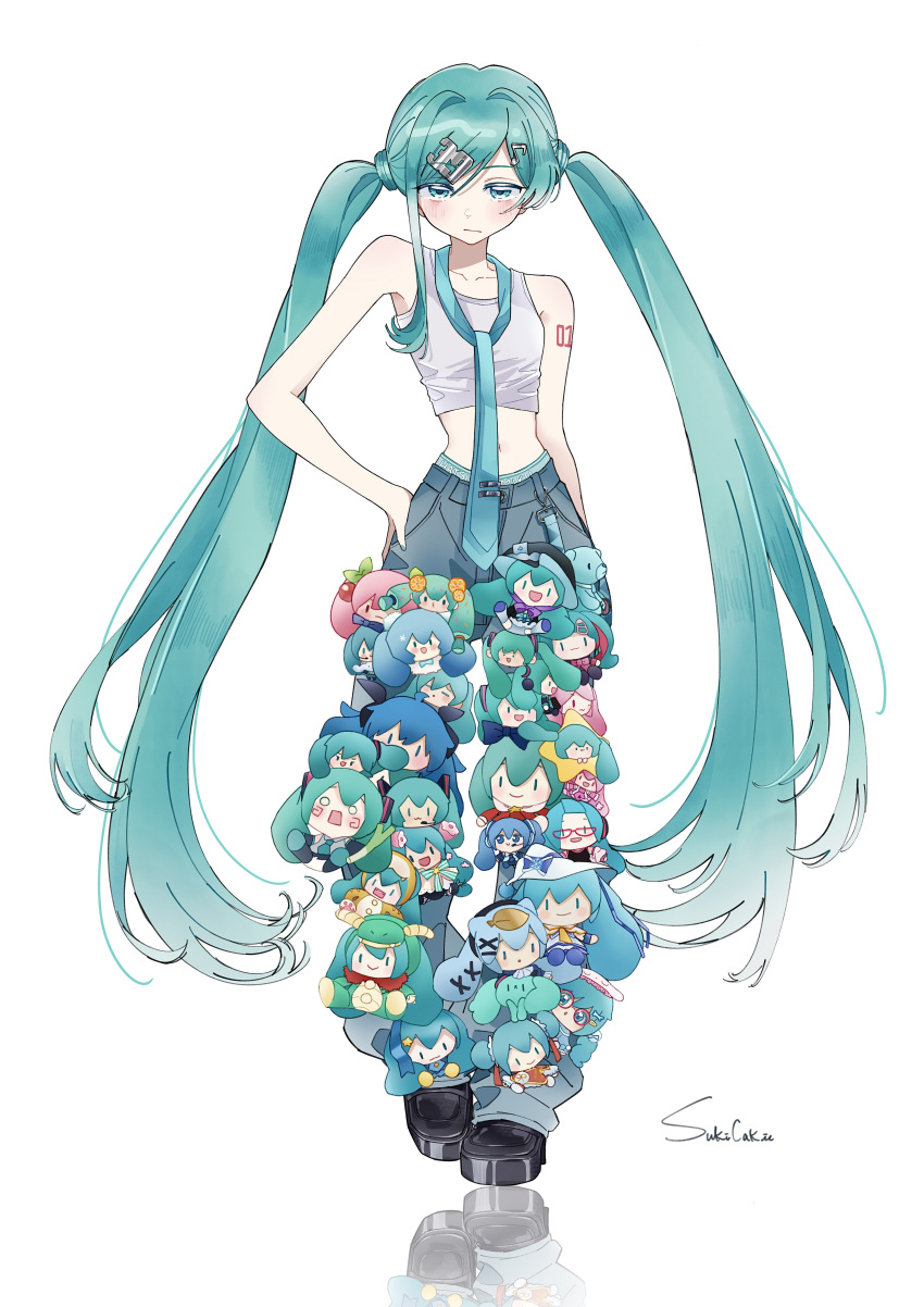 1girl, :/, absurdres, aqua_eyes, aqua_hair, aqua_necktie, arm_tattoo, artist_name