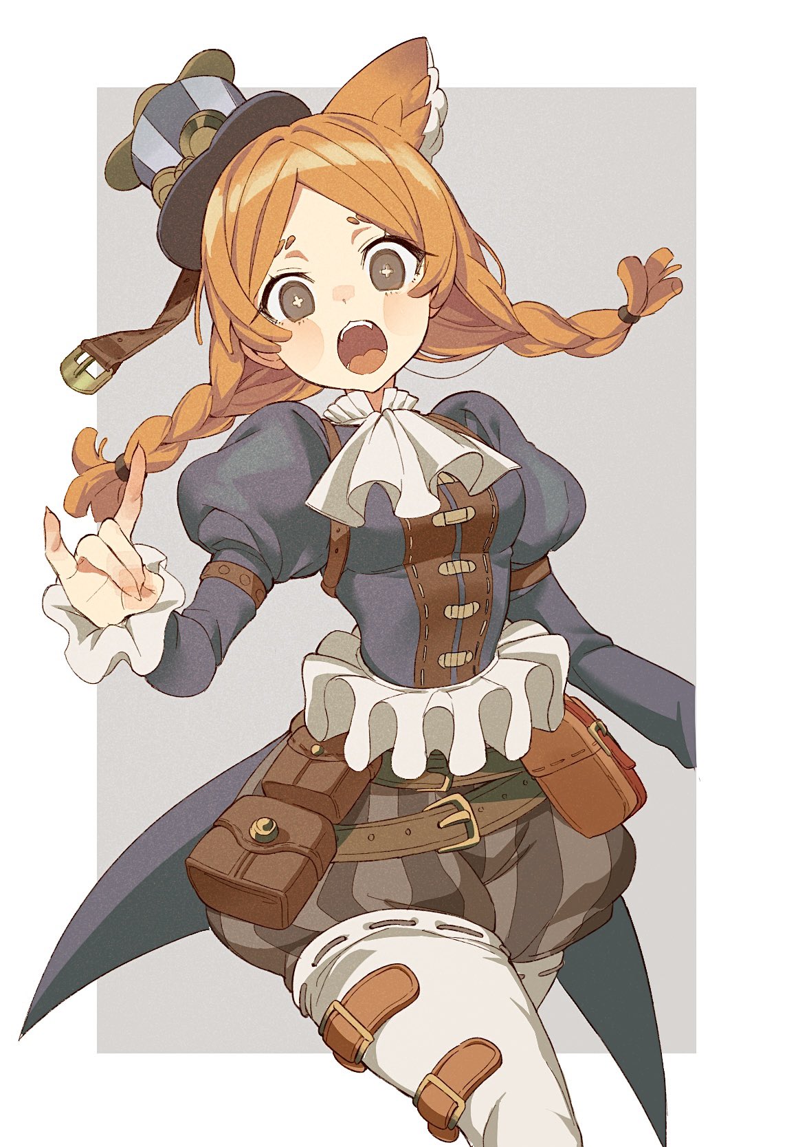 1girl, animal_ears, anne_lester, anne_lester_(paper_wings), arm_strap, ascot, blue_shirt, boots