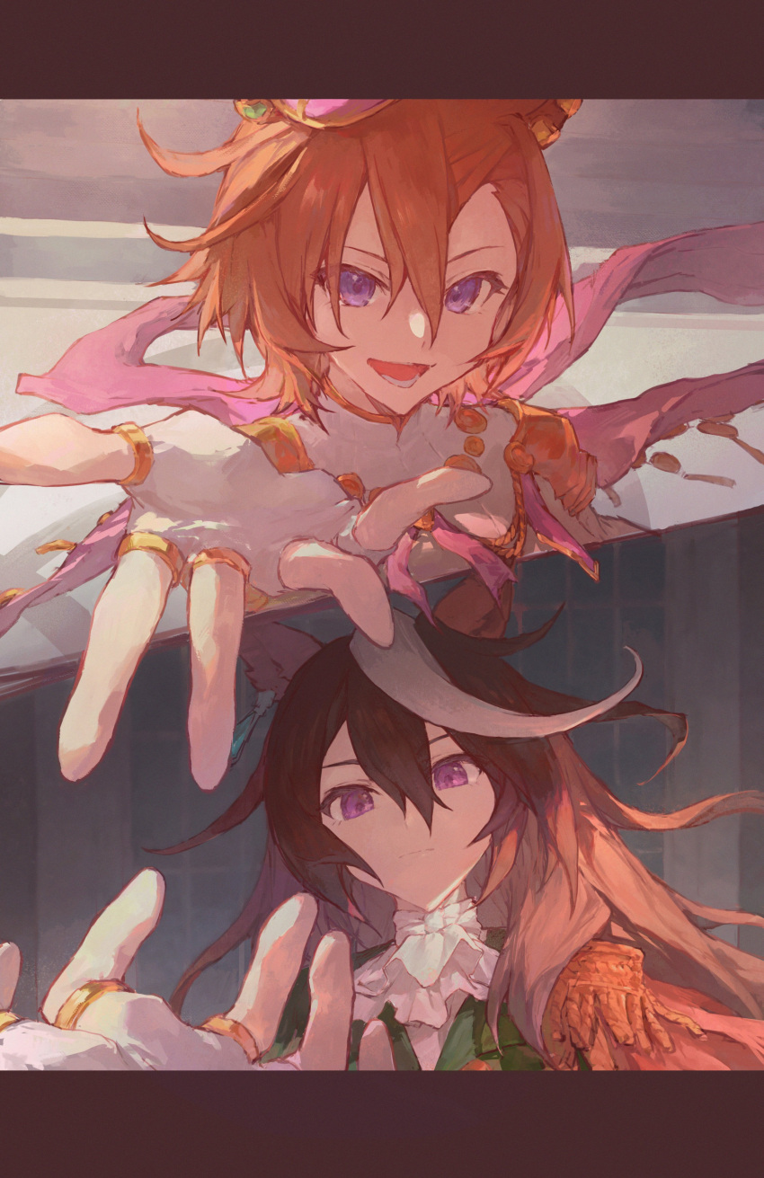 2girls, absurdres, animal_ears, armor, ascot, brown_hair, carlo_515, crown