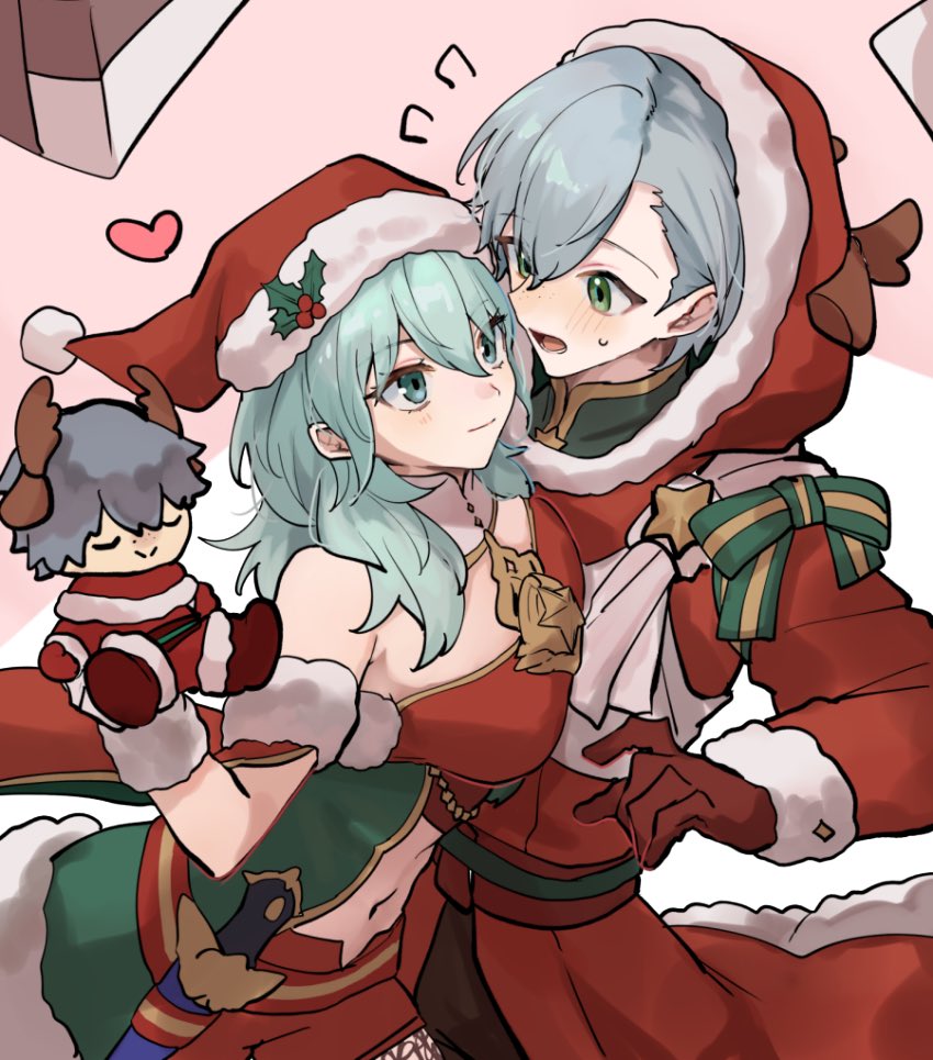 1boy, 1girl, alternate_costume, ashe_ubert, ashe_ubert_(timeskip), character_doll, christmas, closed_mouth