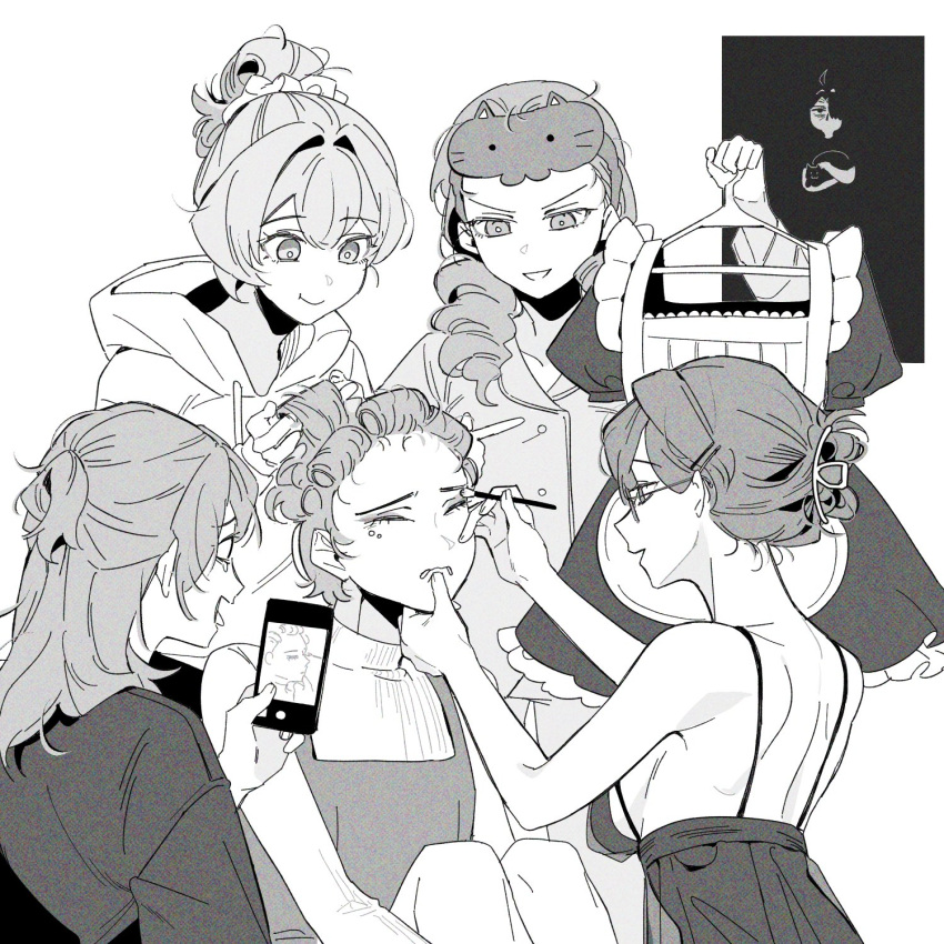 2boys, 4girls, ahoge, alternate_costume, alternate_hairstyle, animal, animal_ears, applying_makeup