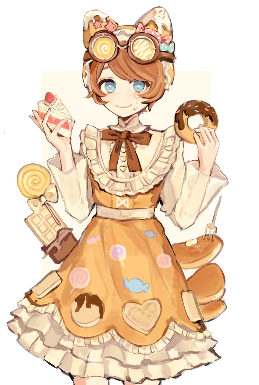 1girl, animal_ear_hairband, animal_ears, bow, bowtie, brown_bow, brown_bowtie, cake