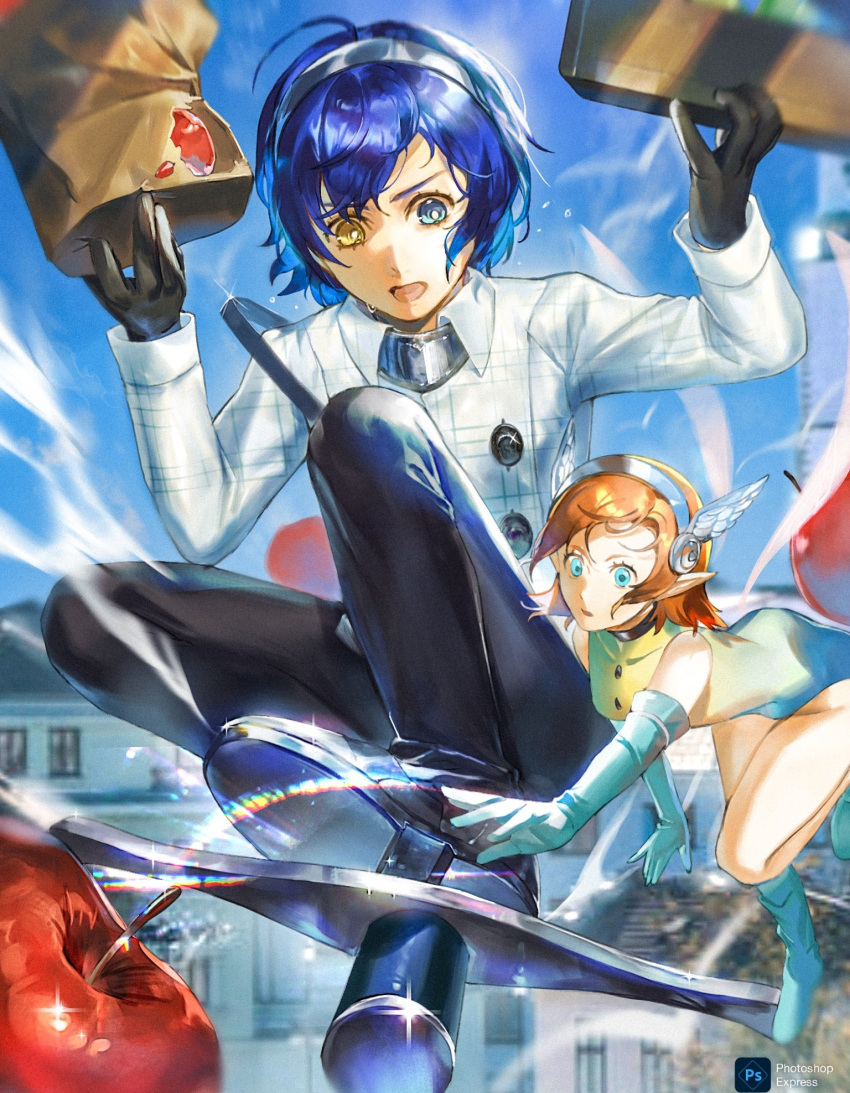 1boy, 1girl, adobe_photoshop, apple, black_gloves, black_pants, blue_eyes, buttons