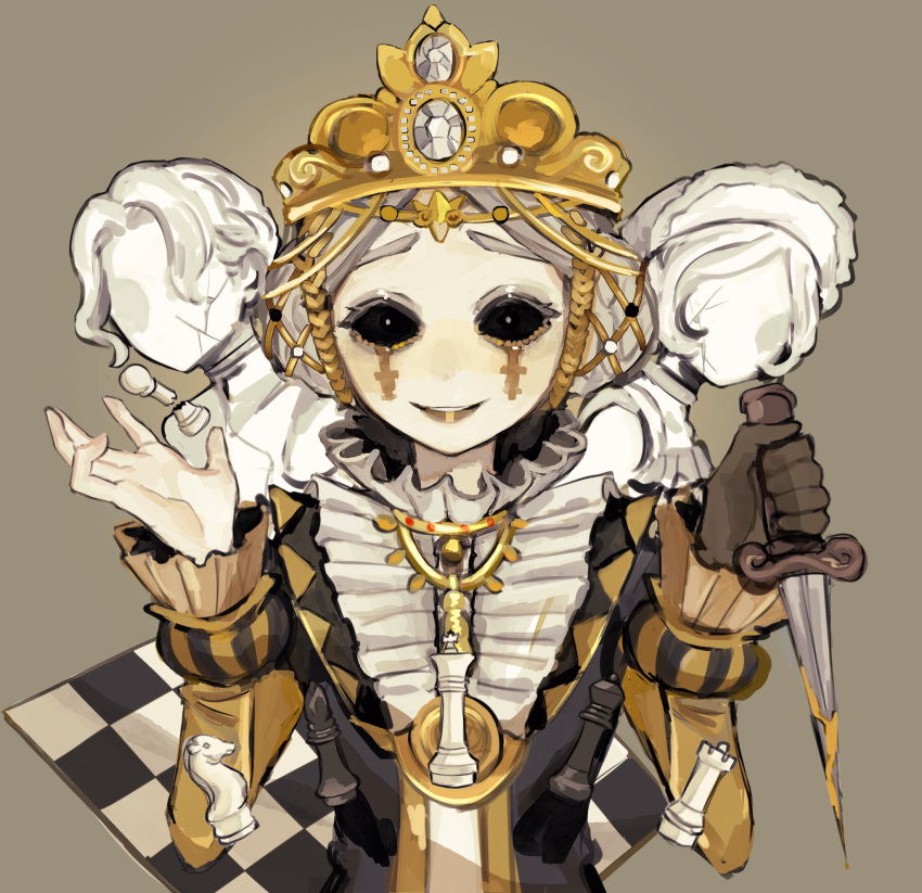 1girl, bishop_(chess), black_dress, black_sclera, brown_gloves, chess_piece, chessboard, colored_sclera