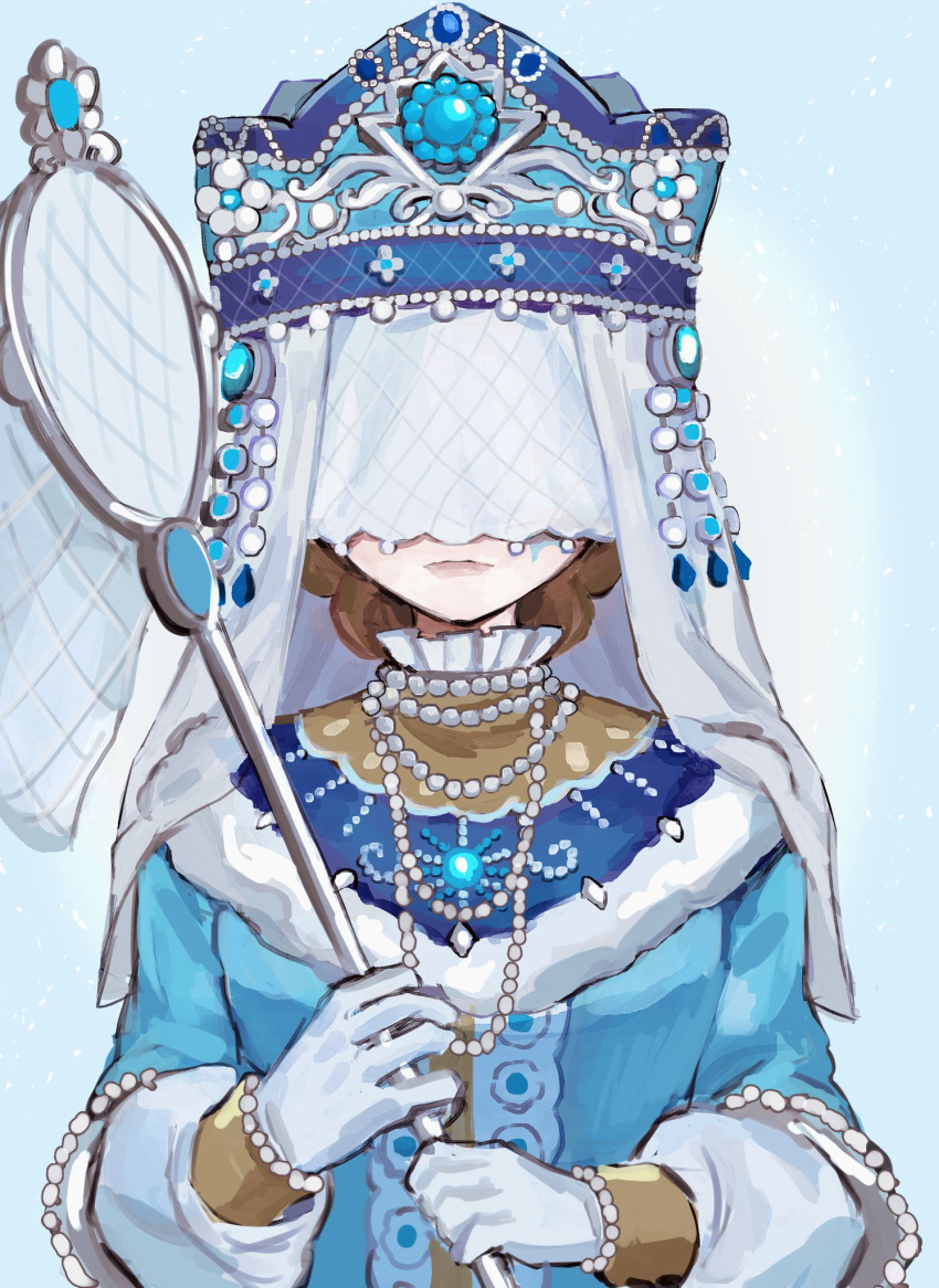 1girl, blue_dress, blue_gemstone, blue_hat, brown_hair, butterfly_net, clothing_request, commentary