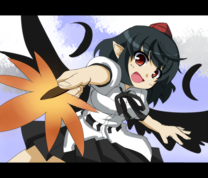 black_hair, blush, cloud, clouds, fan, feathers, hat, letterboxed