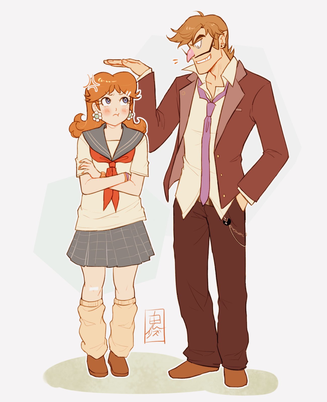 1boy, 1girl, black_pants, blue_eyes, brown_hair, brown_shoes, crossed_arms, earrings