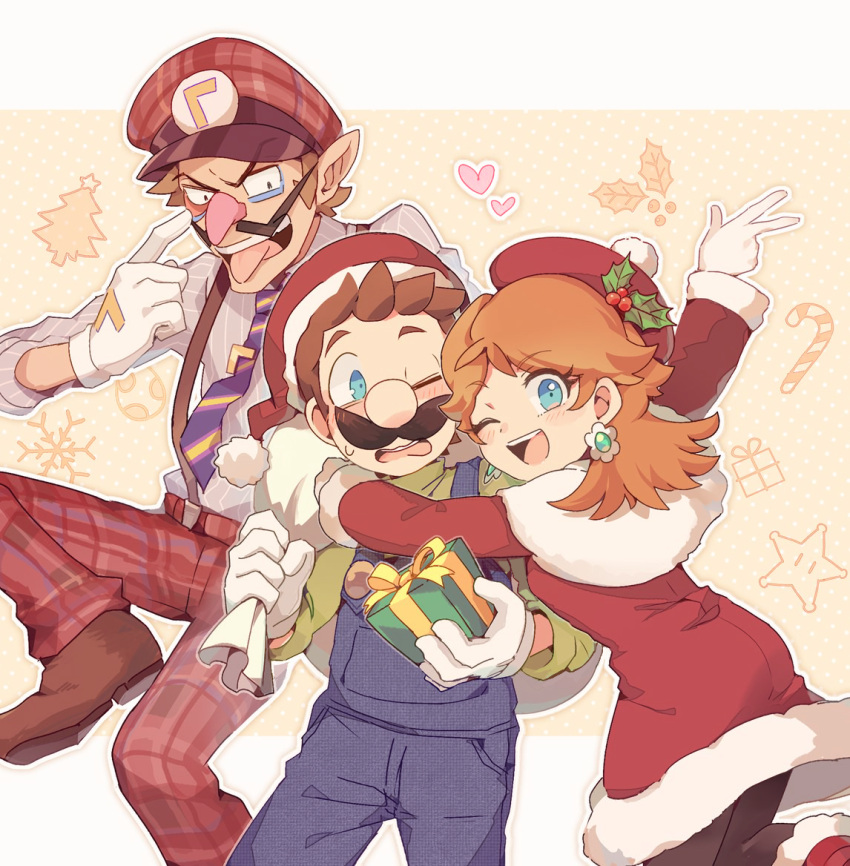 1girl, 2boys, blue_eyes, blue_overalls, blush, brown_hair, brown_shoes, christmas