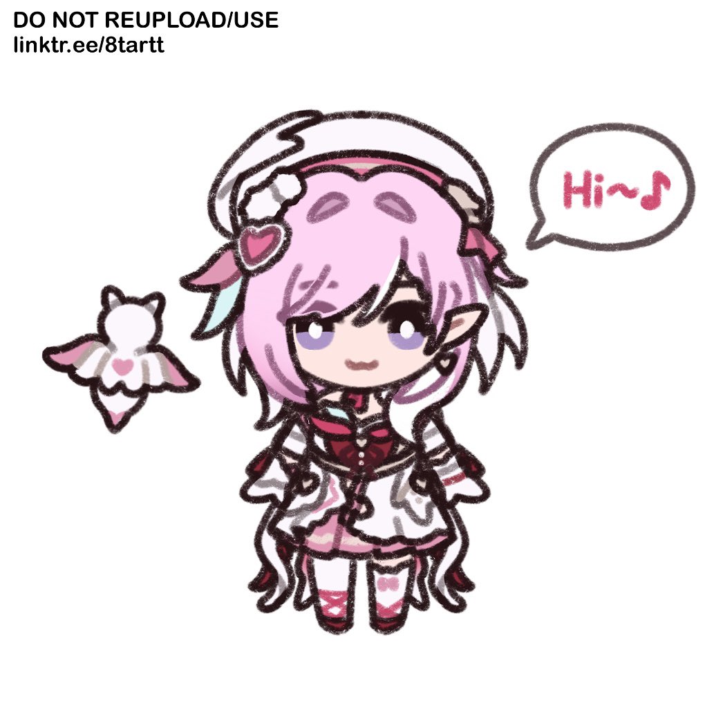 1girl, 8tartt, beret, dress, earrings, elf, elysia_(hi_love_elf)_(honkai_impact), elysia_(honkai_impact), english_text, hat, heart, heart_earrings, honkai_(series), honkai_impact_3rd, jewelry, little_messenger_(honkai_impact), long_hair, looking_at_viewer, multicolored_hair, musical_note, pink_hair, pointy_ears, red_dress, simple_background, smile, speech_bubble, two-sided_fabric, two-tone_hair, very_long_hair, violet_eyes, white_background, white_dress, white_hair