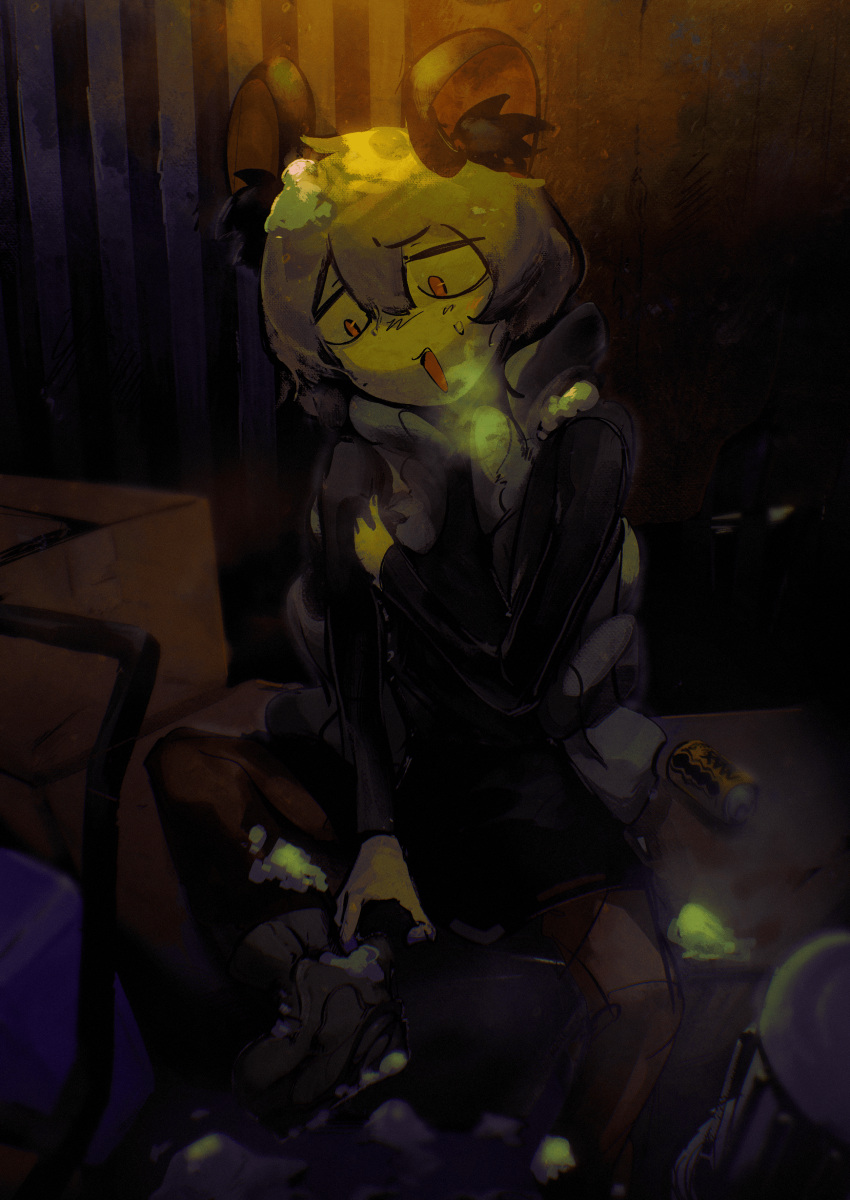 1girl, absurdres, animal_ears, beer_can, black_coat, boots, box, breath