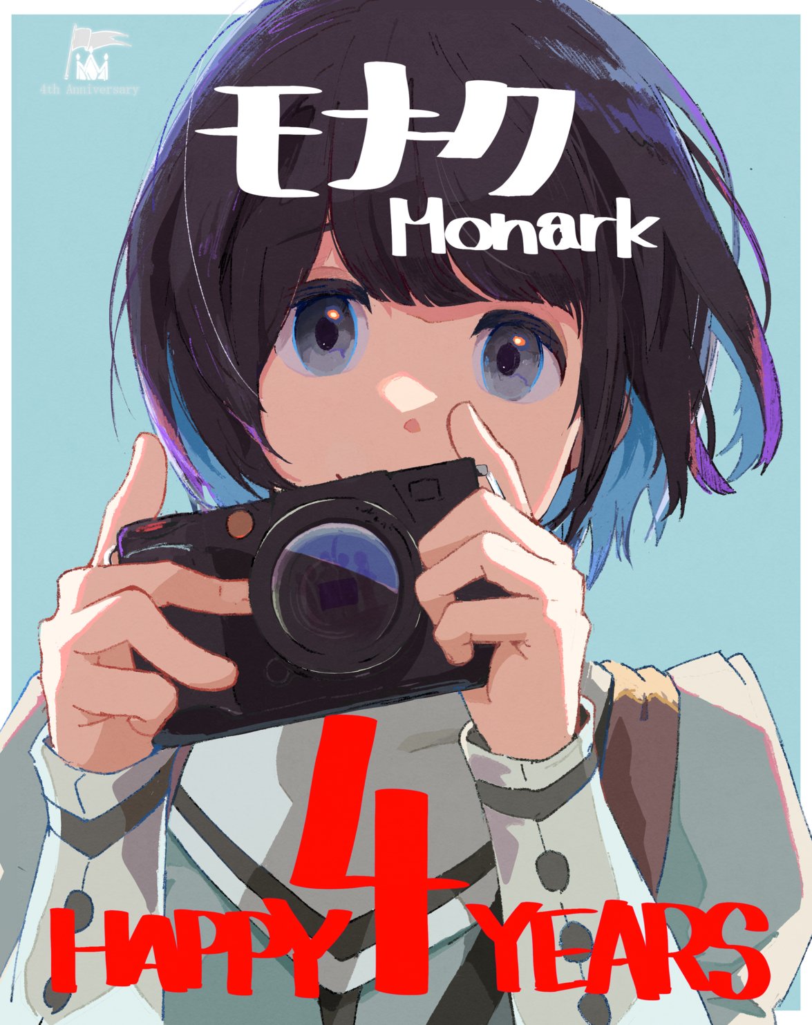 1girl, aikawa_chiyo, anniversary, black_hair, camera, grey_eyes, highres, holding