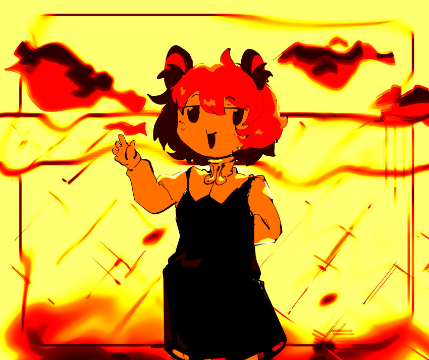 1girl, absurdres, animal_ears, arm_behind_back, chain-link_fence, commentary_request, cookie_(touhou), cowboy_shot, dress, fence, highres, ishizaki_(ishizaki100), long_sleeves, looking_at_viewer, monochrome, mouse_ears, mouse_girl, nazrin, nyon_(cookie), open_mouth, orange_theme, pinafore_dress, short_hair, sleeveless, sleeveless_dress, smile, solo, touhou, waving
